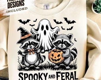 Retro Spooky And Feral Raccoon Png, Halloween Raccoon Png, Creepy Cute Raccoon Ghost Png, Feral Girl Shirt Design, Halloween Mama Shirt Png