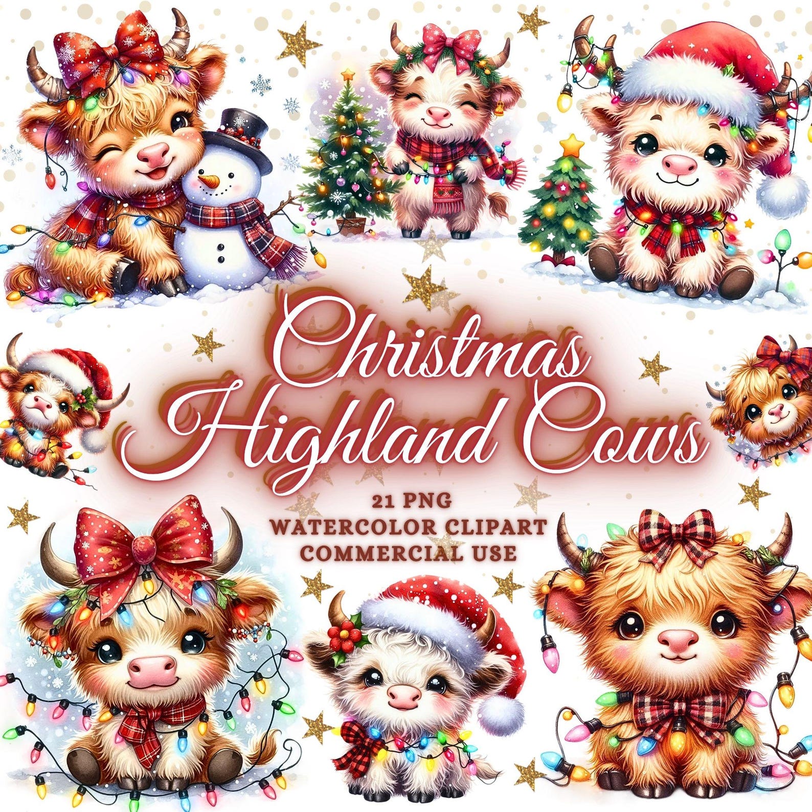 Christmas Highland Cow Png Bundle, Christmas Highland Cow Clipart ...
