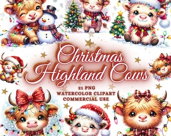 Christmas Highland Cow Png Bundle, Christmas Highland Cow Clipart Bundle, Baby Highland Cows Christmas Clipart Christmas Png Sublimation PNG