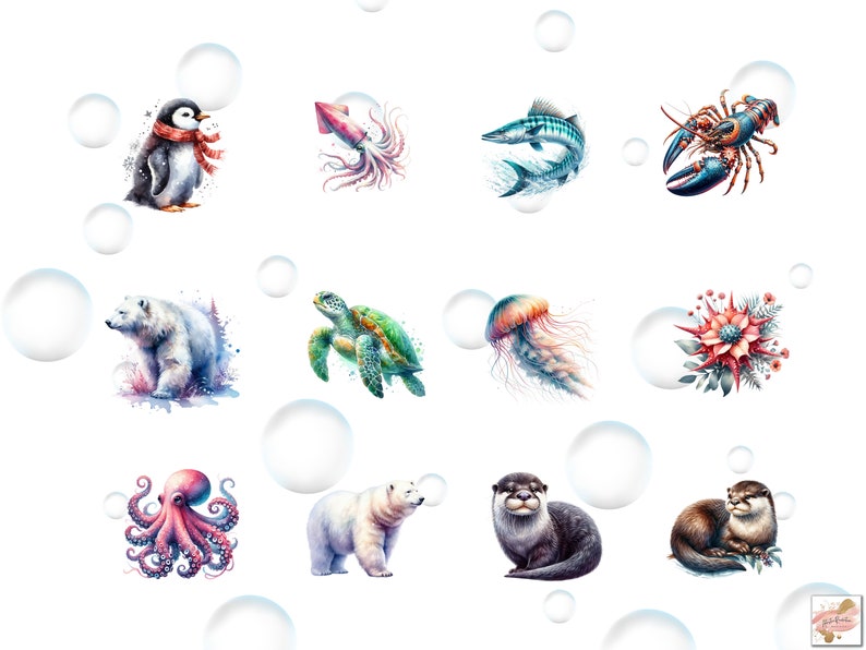 May include: Watercolor illustration of various animals and sea creatures, including a penguin, squid, fish, lobster, polar bear, turtle, jellyfish, flower, octopus, and otter. The illustrations are surrounded by white circles.