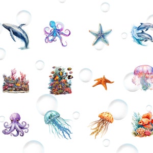 May include: Watercolor illustrations of various sea creatures, including a whale, octopus, starfish, dolphins, jellyfish, and coral reefs. The illustrations are surrounded by white bubbles.