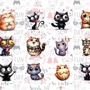 Pode incluir: Uma colagem digital de 12 gatos de desenho animado com diferentes express&otilde;es e cores. Os gatos est&atilde;o em um fundo branco com flores rosa e as palavras "so cute", "fun", "happy", "smile", e "fri day".