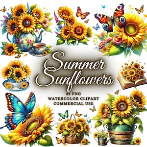 Bundle de cliparts tournesol aquarelle, tournesol Png Bundle, clipart papillon aquarelle, papillon Png tournesol bouquet tournesol imprimable