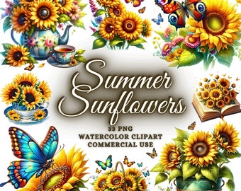 Watercolor Sunflower Clipart Bundle, Sunflower Png Bundle, Watercolor Butterfly Clipart, Butterfly Png Sunflower Bouquet Sunflower Printable