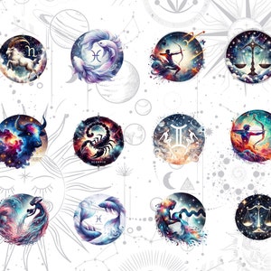 May include: A collection of watercolor zodiac illustrations. Each circular design features a zodiac symbol and imagery, such as an archer, scales, and fish, set against a backdrop of stars and celestial elements. The color palette includes blues, purples, and oranges.