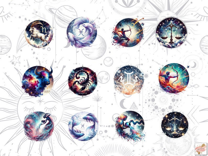 May include: A collection of watercolor zodiac illustrations. Each circular design features a zodiac symbol and imagery, such as an archer, scales, and fish, set against a backdrop of stars and celestial elements. The color palette includes blues, purples, and oranges.