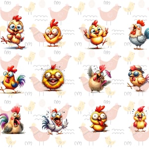 May include: A repeating pattern featuring cartoon chickens in various poses and expressions. The chickens are yellow, orange, and red, with exaggerated features. The background includes light pink and yellow chicken silhouettes and wavy lines.