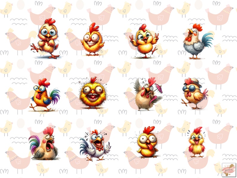 May include: A repeating pattern featuring cartoon chickens in various poses and expressions. The chickens are yellow, orange, and red, with exaggerated features. The background includes light pink and yellow chicken silhouettes and wavy lines.