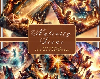 May include: Watercolor clip art backgrounds featuring a Nativity Scene. The artwork depicts various scenes with warm colors, including the birth of Jesus, angels, and the three wise men. The text "Nativity Scene" is displayed.