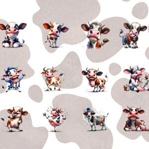 May include: A collection of whimsical cartoon cow illustrations. Each cow is uniquely designed with different colors, patterns, and expressions. Some cows are wearing clothes, and some are holding objects. The background has a light gray and white pattern.