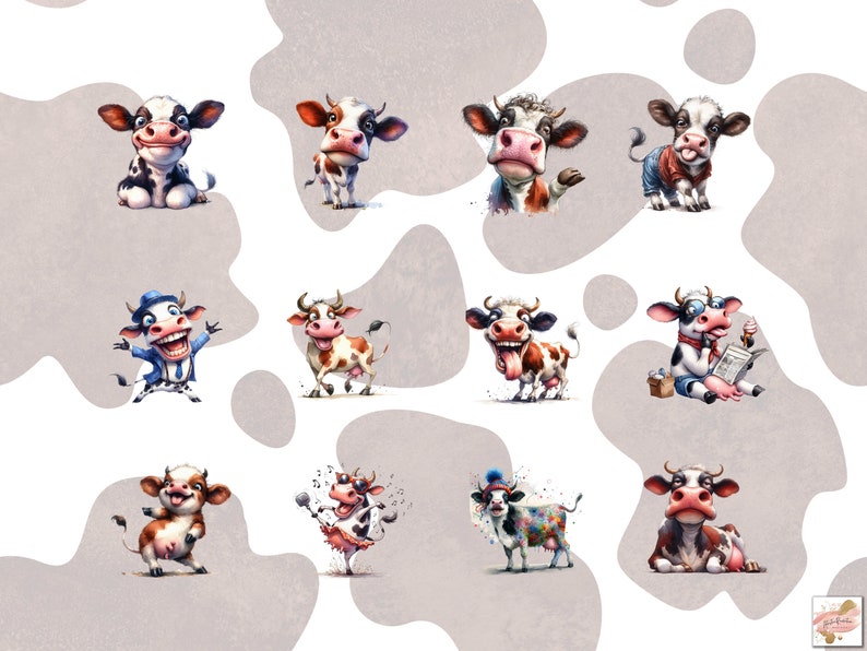 May include: A collection of whimsical cartoon cow illustrations. Each cow is uniquely designed with different colors, patterns, and expressions. Some cows are wearing clothes, and some are holding objects. The background has a light gray and white pattern.