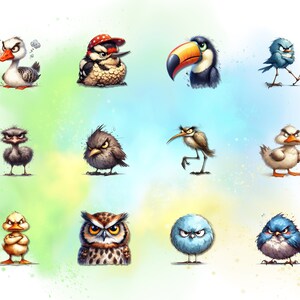 May include: A digital illustration of 10 angry birds with different expressions and colors. The birds are drawn in a cartoon style with exaggerated features. The background is a watercolor wash of blue, green, and yellow.