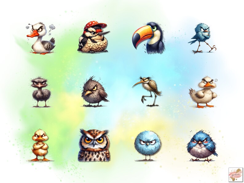 May include: A digital illustration of 10 angry birds with different expressions and colors. The birds are drawn in a cartoon style with exaggerated features. The background is a watercolor wash of blue, green, and yellow.