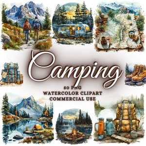 Paquete de imágenes prediseñadas de camping en acuarela, gráficos de vacaciones, imágenes prediseñadas de paisaje de montaña, ilustraciones de camping, tienda de campaña, fogata, lago PNG