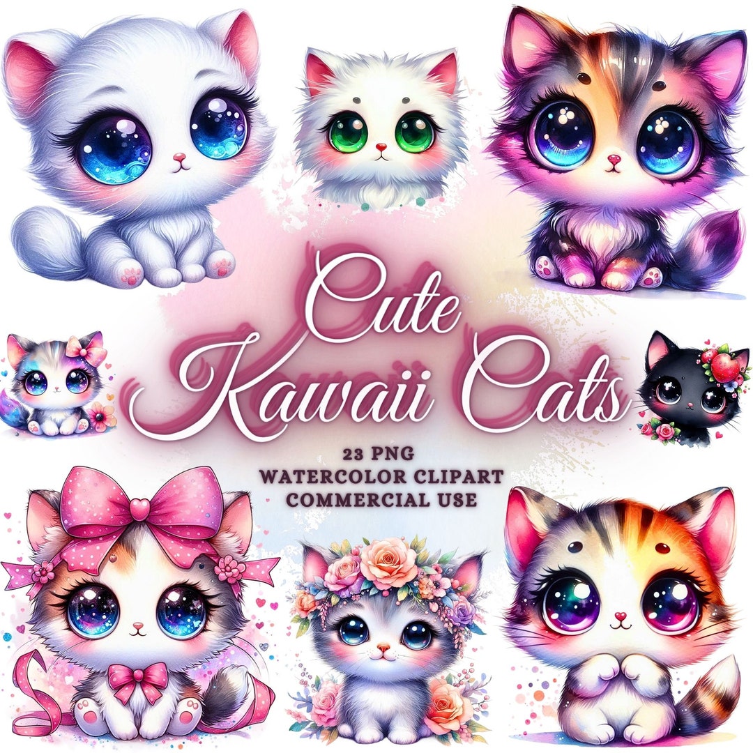 Watercolor Kawaii Cat Png Bundle, Cute Kawaii Cats Clipart Bundle ...