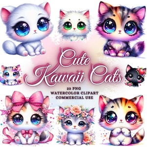 Akwarela Kawaii Cat Png Bundle, Słodkie Kawaii Cats Clipart Bundle, Kawaii Cat Sublimation Designs, Kitten Png, Kitten Clipart Kawaii Animals