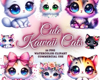 Watercolor Kawaii Cat Png Bundle, Cute Kawaii Cats Clipart Bundle, Kawaii Cat Sublimation Designs, Kitten Png, Kitten Clipart Kawaii Animals