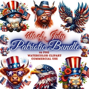 93 Bundle de cliparts aquarelle 4 juillet, lot Png 4 juillet, nain d'été Png, clipart patriotique vache Highland patriotique aigle