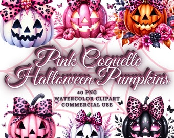 Watercolor Pink Halloween Pumpkin Clipart Bundle Pink Coquette Halloween Clipart Black Halloween Coquette Jack o Lantern Png Bow Tie Pumpkin