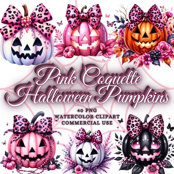 Watercolor Pink Halloween Pumpkin Clipart Bundle Pink Coquette Halloween Clipart Black Halloween Coquette Jack o Lantern Png Bow Tie Pumpkin