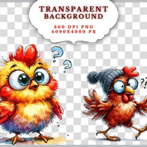May include: Watercolor illustrations of two cartoon chickens. One is yellow and orange with glasses and question marks. The other is red and brown, wearing a gray hat, also with question marks. The image has the text "TRANSPARENT BACKGROUND".