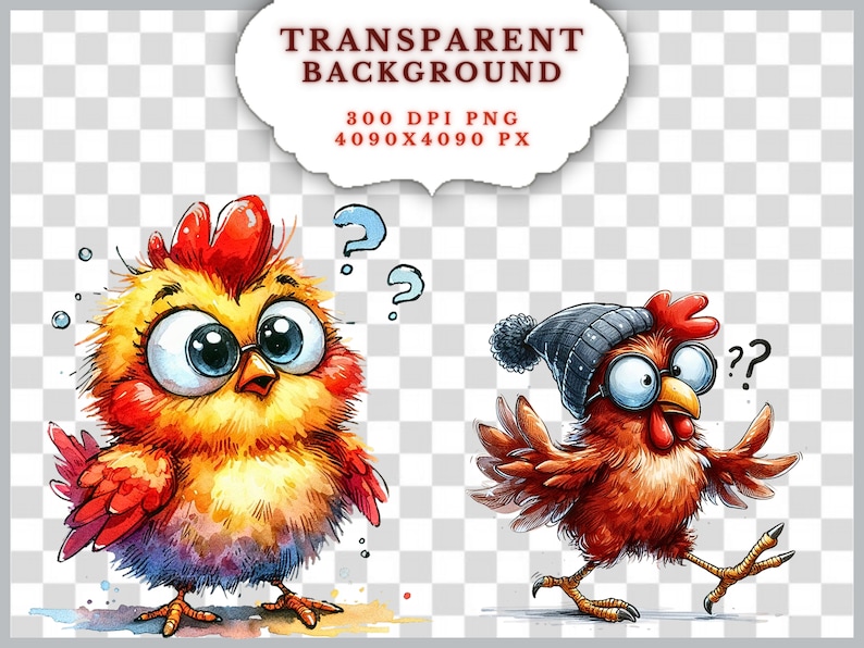 May include: Watercolor illustrations of two cartoon chickens. One is yellow and orange with glasses and question marks. The other is red and brown, wearing a gray hat, also with question marks. The image has the text "TRANSPARENT BACKGROUND".