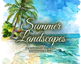 42 Watercolor Summer Landscapes Clipart Bundle, Summer Landscape Png, Summer Beach Clipart, Mountain Scenes, Forest Png, Waterfalls Png