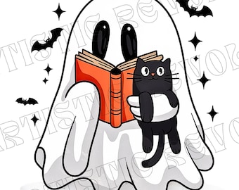 Fantasma lindo leyendo un libro PNG, Temporada espeluznante PNG, Gato negro PNG, Halloween PNG, Fantasmas lindos de Halloween, PNG de tendencia, Sublimación de Halloween