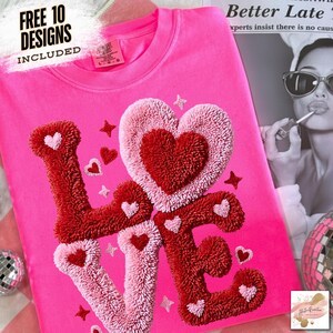 May include: A bright pink t-shirt with the word "LOVE" in a textured, red and pink design. The design includes hearts and stars. The text "FREE 10 DESIGNS INCLUDED" is in the upper left corner.