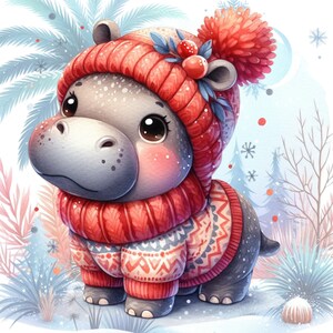 May include: A cute cartoon hippopotamus wearing a red knitted hat with a white pom-pom and a red and white patterned sweater. The hippo is standing in a snowy winter scene with a palm tree and a pine tree in the background.