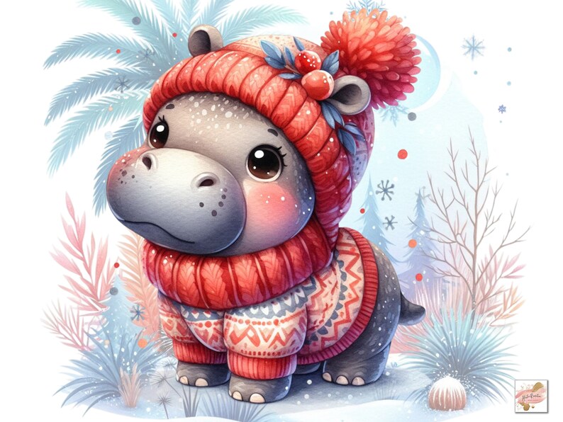 May include: A cute cartoon hippopotamus wearing a red knitted hat with a white pom-pom and a red and white patterned sweater. The hippo is standing in a snowy winter scene with a palm tree and a pine tree in the background.