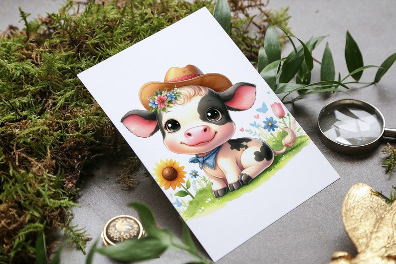 May include: A cute cartoon cow wearing a brown cowboy hat with a floral band, a blue bandana, and sitting in a field of flowers.