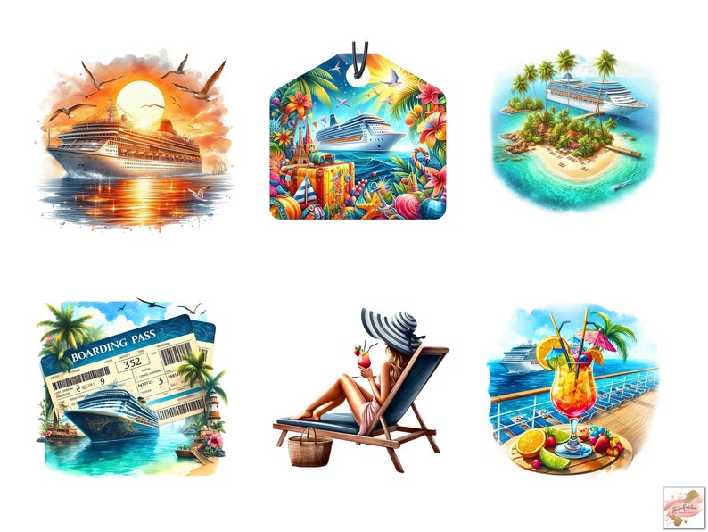 May include: Watercolor illustrations of cruise ships, tropical islands, and vacation scenes. One image shows a cruise ship at sunset, another a boarding pass, and a woman relaxing on a deck chair with a cocktail.