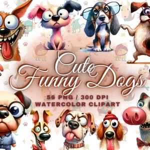 May include: A collection of 10 watercolour illustrations of cute, cartoon dogs with various expressions and personalities. The dogs are depicted in a variety of poses, including sitting, standing, and lying down. The illustrations are in a whimsical style and feature bright colours.