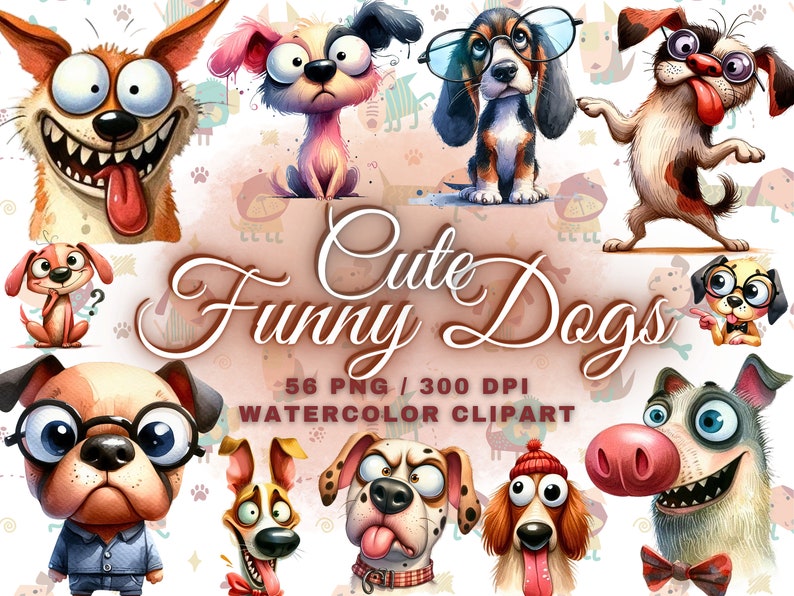 May include: A collection of 10 watercolour illustrations of cute, cartoon dogs with various expressions and personalities. The dogs are depicted in a variety of poses, including sitting, standing, and lying down. The illustrations are in a whimsical style and feature bright colours.