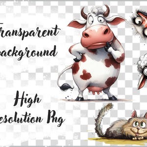 Puede incluir: Ilustraci&oacute;n digital con una vaca de dibujos animados con manchas marrones, un avestruz, una oveja y un gato. La vaca es la figura central, con el texto "Transparent background" y "High Resolution Png" en escritura negra.