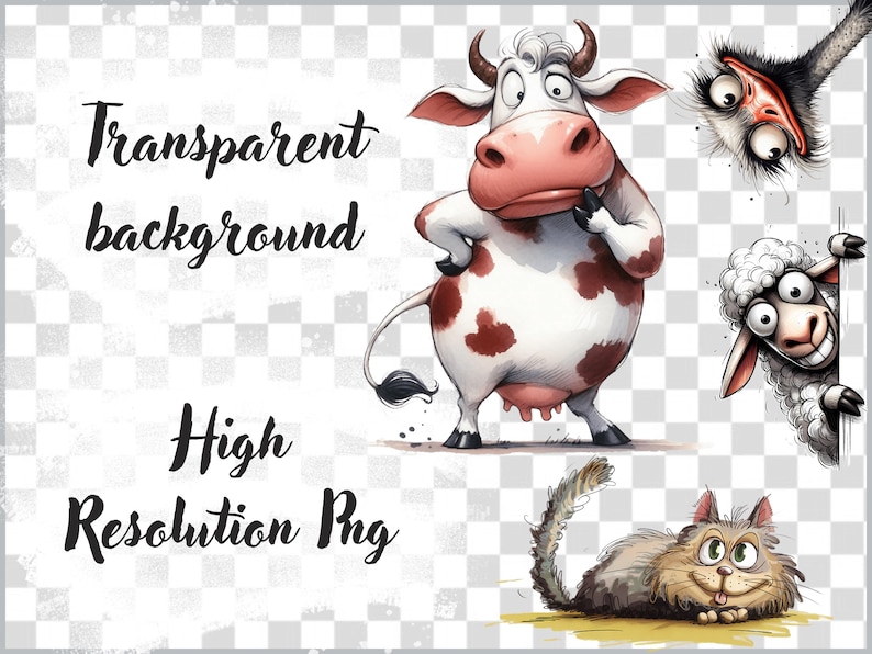 Puede incluir: Ilustraci&oacute;n digital con una vaca de dibujos animados con manchas marrones, un avestruz, una oveja y un gato. La vaca es la figura central, con el texto "Transparent background" y "High Resolution Png" en escritura negra.