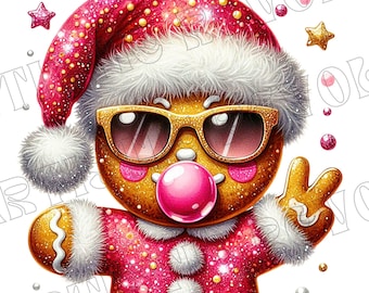 Retro Gingerbread Pink Christmas blowing bubble png Christmas Sublimation Digital Design Download Vintage Christmas Png Santa Sunglasses Dtf
