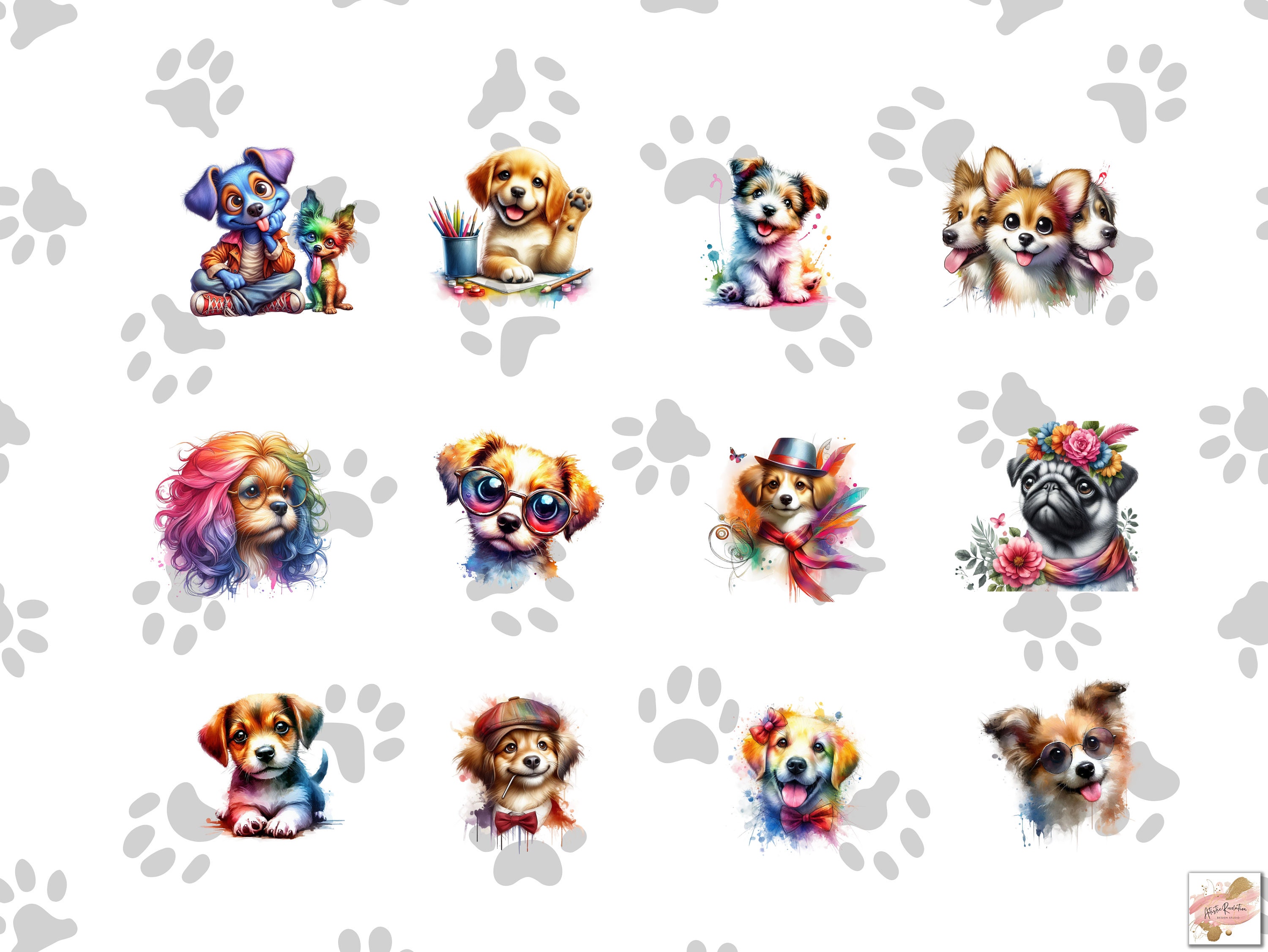 100 Funny and Cute Watercolor Dogs Clipart Bundle, Cute Dogs Png Bundle ...