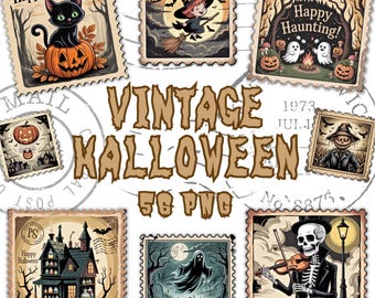 Paquete de 56 imágenes PNG de sellos vintage de Halloween, paquete de imágenes PNG de Halloween adorables, imágenes prediseñadas de recortes precisos para álbumes de recortes, diarios espeluznantes, calabazas y brujas.