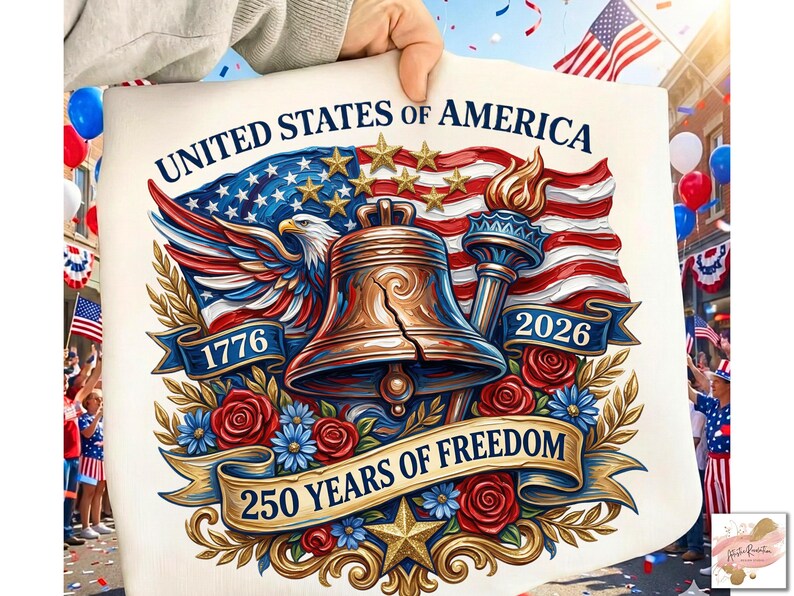 以下が含まれることがあります： 「United States of America」と「250 Years of Freedom」の文字が入った愛国的なデザイン。自由の鐘、アメリカ国旗、1776年と2026年が描かれています。赤、白、青の色がデザインを支配しています。