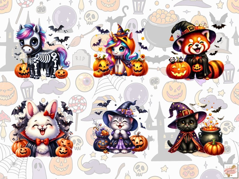 May include: A set of five Halloween-themed illustrations featuring cute animal characters dressed in costumes. A unicorn, a skeleton horse, a bunny rabbit, a cat, and a red panda are all wearing witch hats and holding pumpkins.