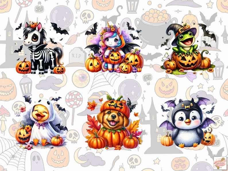 May include: Five Halloween-themed illustrations featuring cute animal characters dressed in costumes. A black and white zebra wearing a skeleton costume, a unicorn wearing a purple cape, a frog wearing a witch's hat, a duck wearing a ghost costume, and a penguin wearing a bat costume. Each character is holding a jack-o'-lantern.