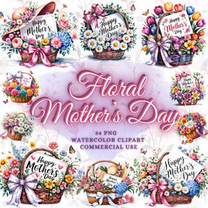 Paquete de 34 imágenes PNG del Día de la Madre Feliz Paquete de imágenes prediseñadas del Día de la Madre Cesta floral Mamá Png Mamá floral Png Diseños de sublimación de madre floral