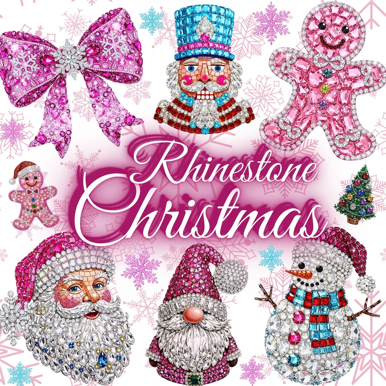 Puede incluir: Una colecci&oacute;n de adornos navide&ntilde;os de pedrer&iacute;a, que incluye un lazo, un cascanueces, un hombre de jengibre, Pap&aacute; Noel, un gnomo, un mu&ntilde;eco de nieve y un &aacute;rbol de Navidad. Los adornos son en tonos rosa, rojo, azul y blanco, con el texto "Rhinestone Christmas".
