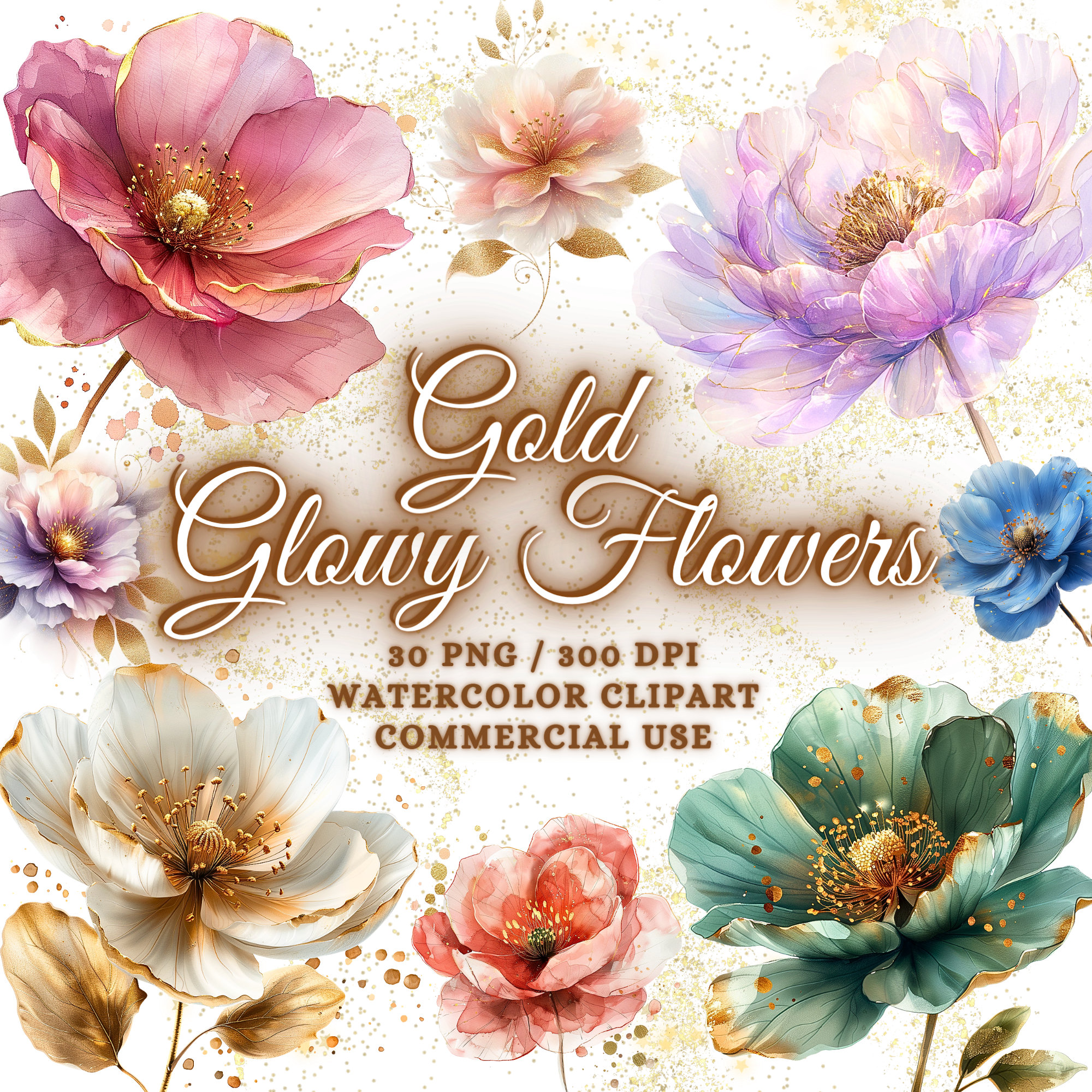 30 Watercolor Abstract Flowers Clipart Bundle, Pink Gold Flower Png, Glowy Flowers Print, Purple Gold Flowers, Sparkling Flowers Clipart Png