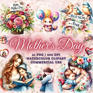 61 Bundle de cliparts aquarelle fête des mères, fête des mères Png, fête des mamans Clipart famille Clipart Bundle Png maman Clipart fête des mères sublimation