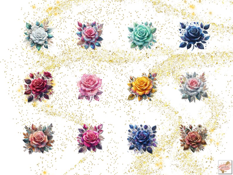 Glitter Roses Clipart Bundle, Watercolor Glitter Flowers Clipart ...