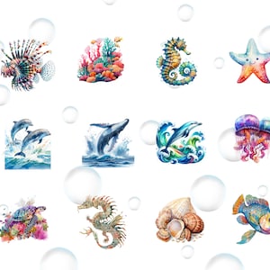 May include: Watercolor illustrations of various sea creatures, including a seahorse, starfish, jellyfish, dolphin, whale, sea dragon, turtle, and fish. The illustrations are surrounded by white bubbles.