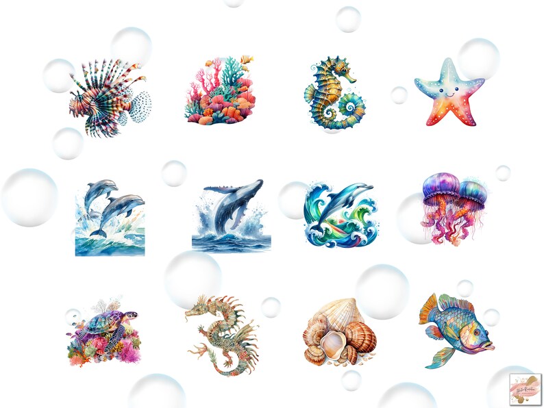 May include: Watercolor illustrations of various sea creatures, including a seahorse, starfish, jellyfish, dolphin, whale, sea dragon, turtle, and fish. The illustrations are surrounded by white bubbles.
